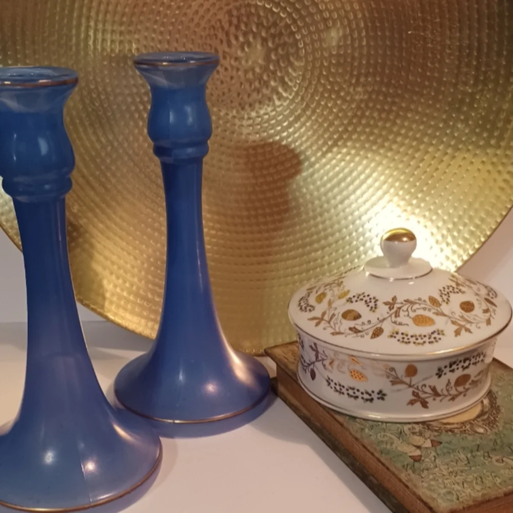 Pair Blue Art Deco Candlestick Holder by Tiffin Glass Circa 20's